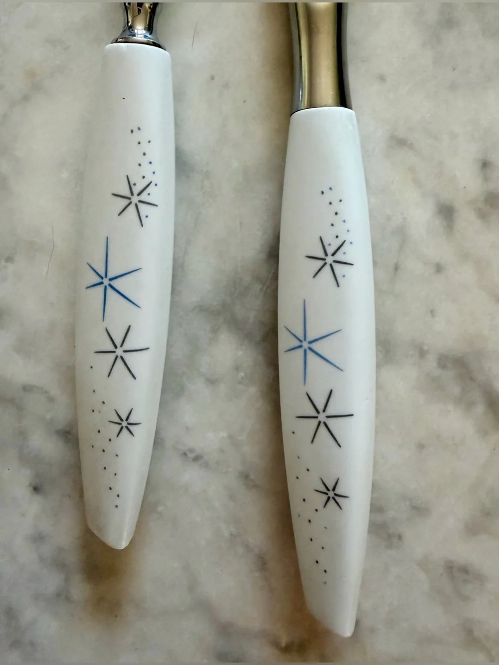 Vintage Mode Danish MCM Carving Set Knife Fork Atomic Starburst White Handles